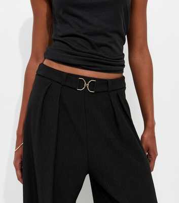 Black Belt Detail Ribbed Crinkle Texture Wide Leg Trousers