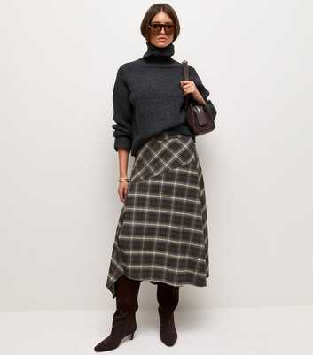 Brown Checked Handkerchief Hem Midi Skirt