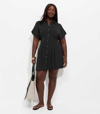 Curves Black Pleated Short Sleeve Mini Shirt Dress