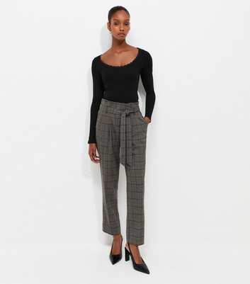 Brown Herringbone Check Pattern Paperbag Waist Trousers
