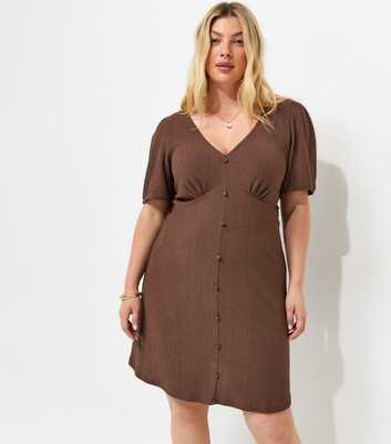 Curves Dark Brown Textured V-Neck Short Sleeve Mini Dress