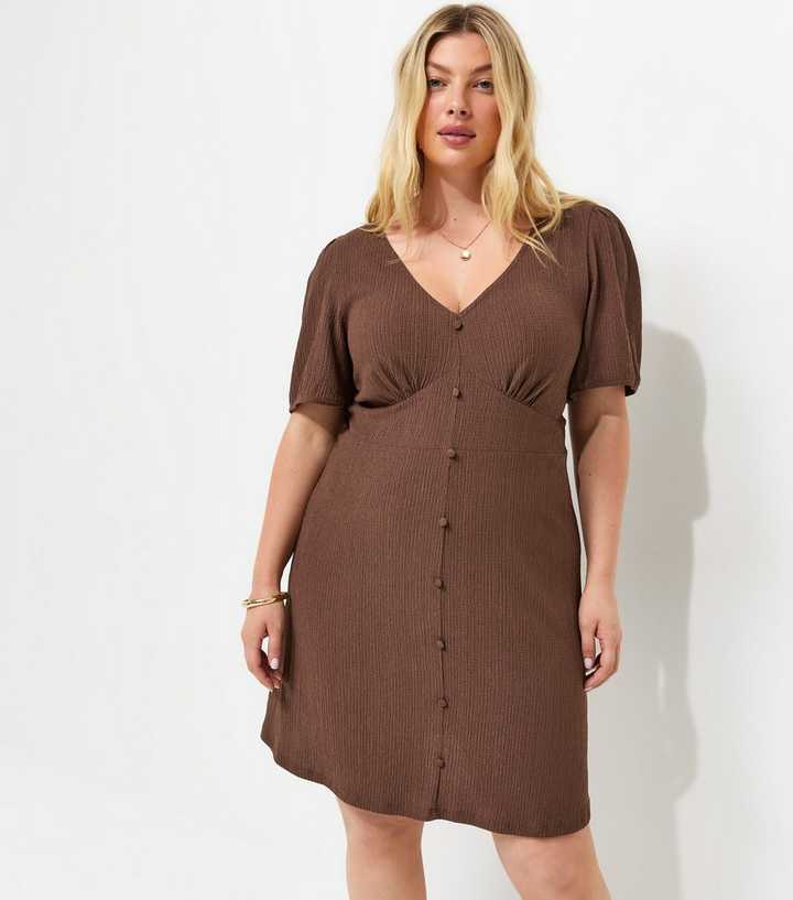 Curves Dark Brown Textured V-Neck Short Sleeve Mini Dress
