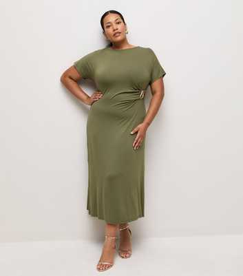 Curves Dark Khaki Gathered Buckle Short Sleeve Midi Dress