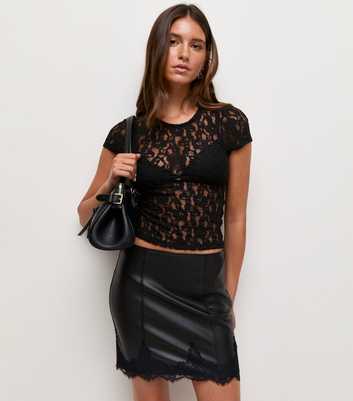 Black Scallop Lace Faux Leather Mini Skirt