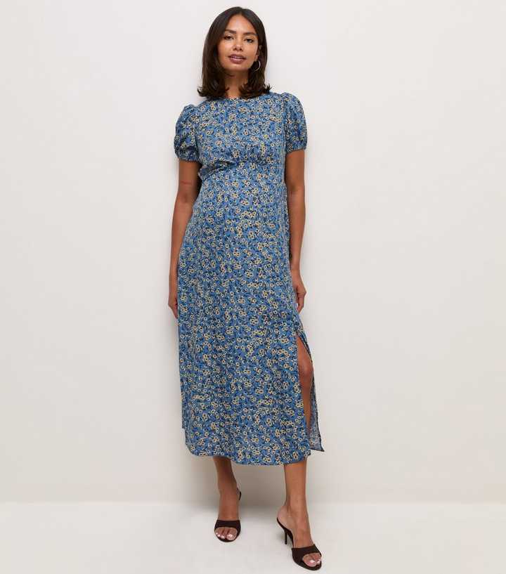 Maternity Blue Ditsy Print Crew Neck Midi Dress