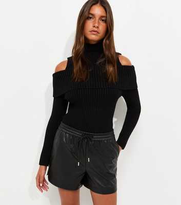 Black Faux Leather Drawstring Tie Shorts