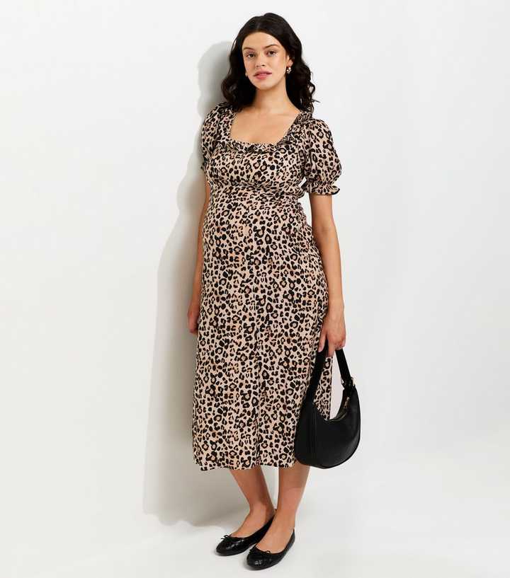 Maternity Brown Animal Print Midi Tea Dress