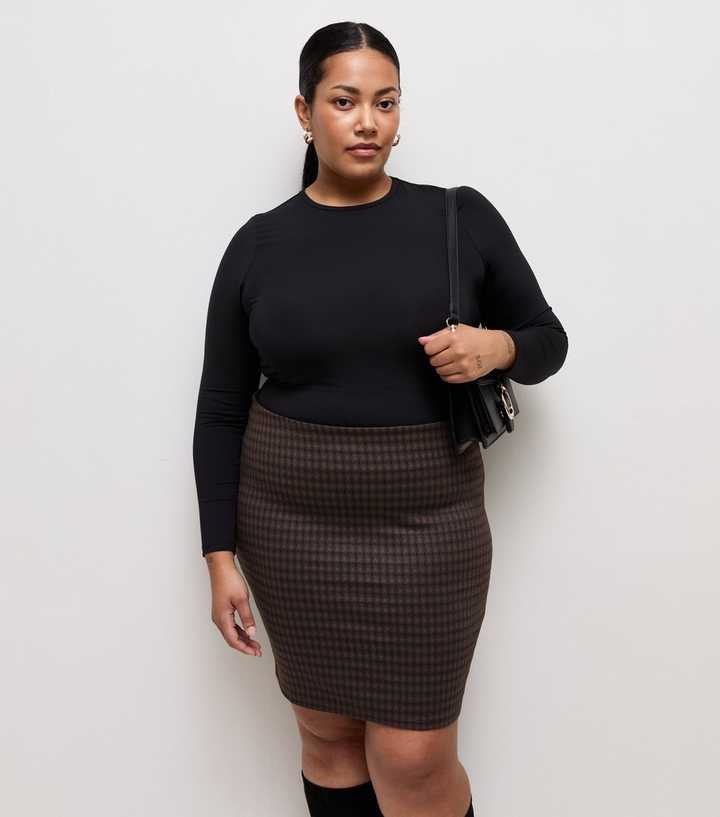 Curves Brown Check Jacquard Jersey Tube Mini Skirt