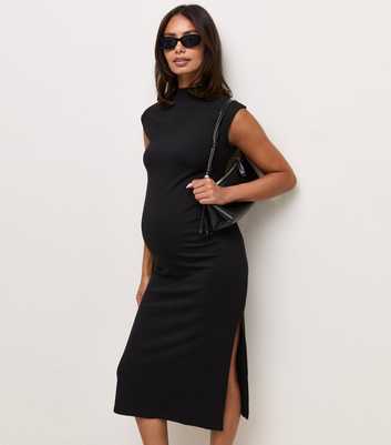 Maternity Black High Neck Ruched Midi Dress