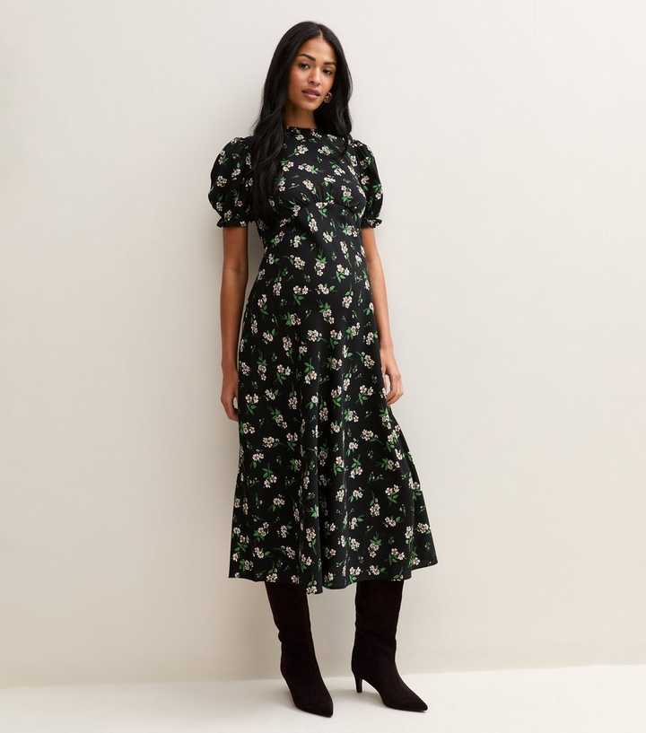 Maternity Black Crepe Floral Print Short Sleeve Midi Dress