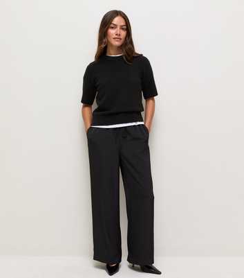 Petite Black Satin Wide Leg Trousers