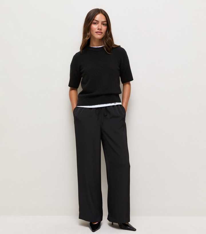 Petite Black Satin Wide Leg Trousers