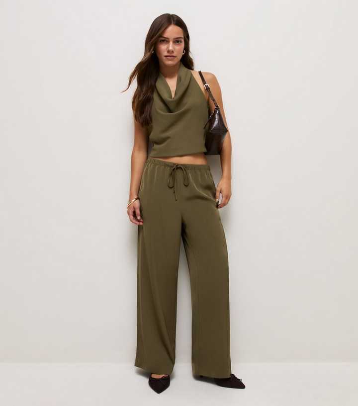 Petite Light Khaki Satin Wide Leg Trousers