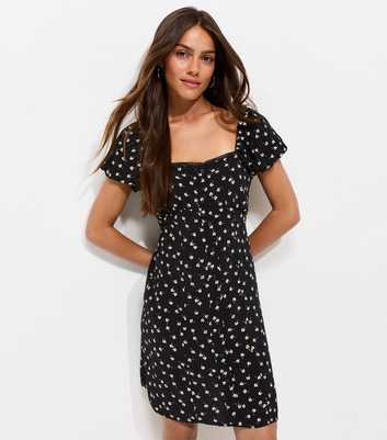 Petite Black Floral Print Faux Button Front Mini Dress