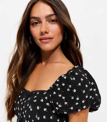 Petite Black Floral Print Faux Button Front Mini Dress
