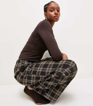 Brown Check Drawstring Wide Leg Trousers
