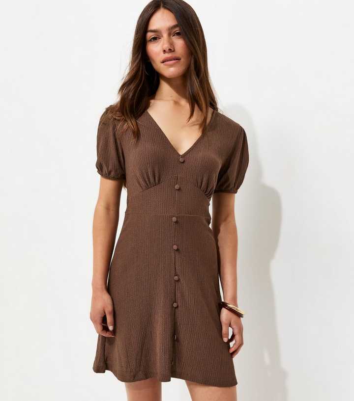 Petite Brown V Neck Crinkle Jersey Short Sleeve Mini Dress