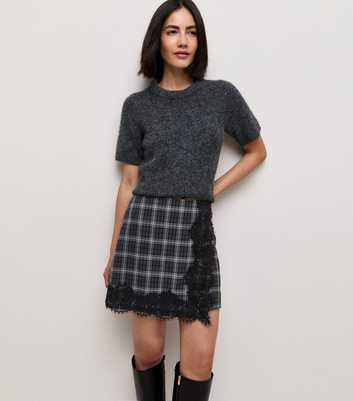 Grey Woven Check Lace Mini Skirt