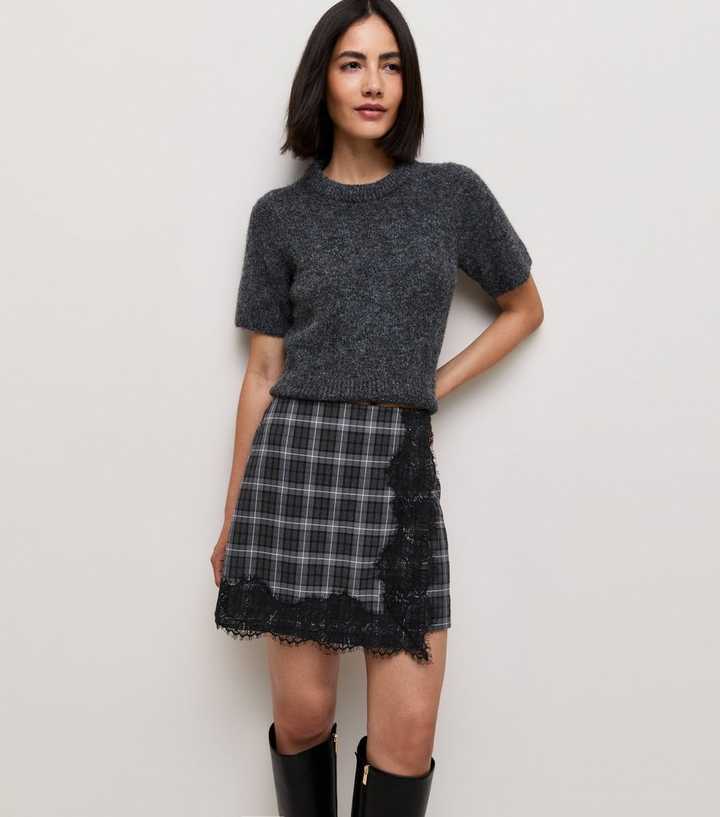 Grey Woven Check Lace Mini Skirt