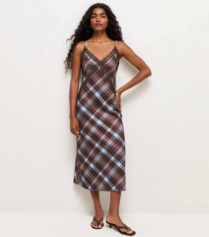 Blue Check Lace Trim Strappy Midi Slip Dress