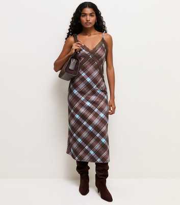 Blue Checked Lace Trim Strappy Midi Slip Dress