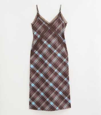 Blue Checked Lace Trim Strappy Midi Slip Dress