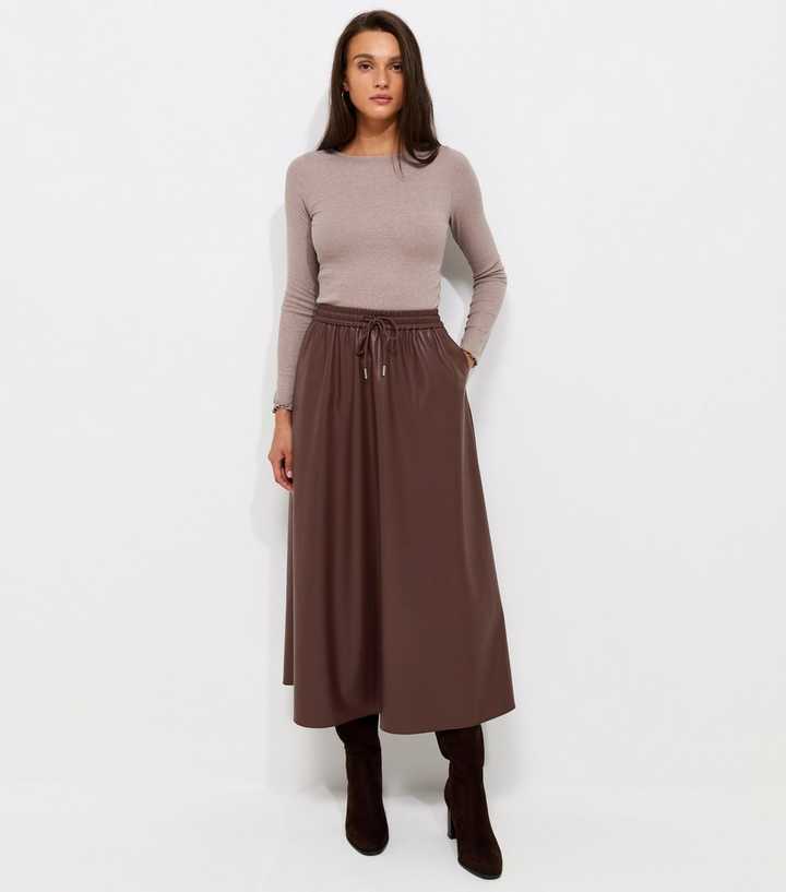 Dark Brown Faux Leather Circle Midi Skirt