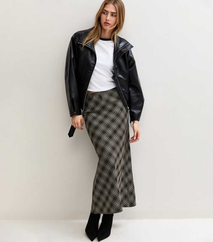 Grey Checked Bias Cut Midi Skirt