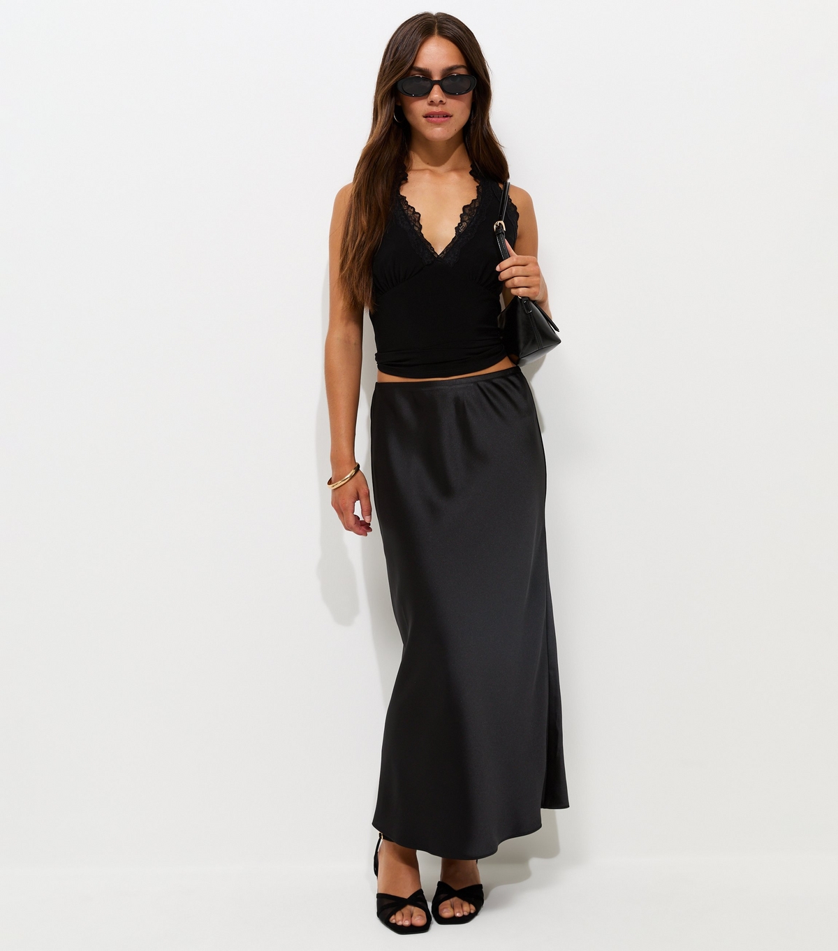 Women's Petite Black Satin Bias Cut Midi Skirt New Look