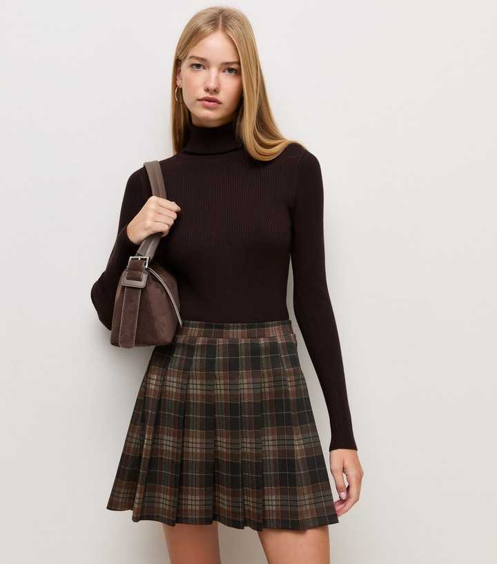 Black Ponte Check Pleated Mini Skirt