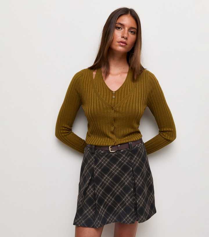 Brown Check Pattern Pleated Belted Mini Skirt