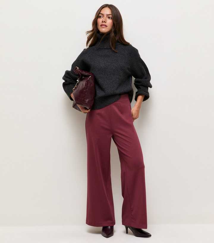 Petite Dark Burgundy Jersey Wide Leg Trousers