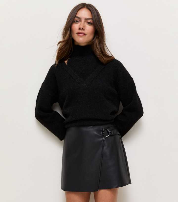 Petite Black Faux Leather Belted Wrap Skirt