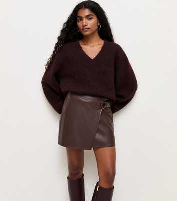 Petite Dark Brown Faux Leather Belted Wrap Skort