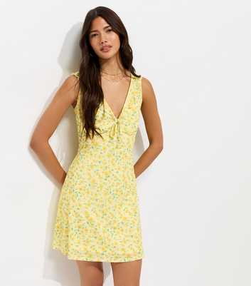 Yellow Floral Print Ruffle Trim V-Neck Mini Dress