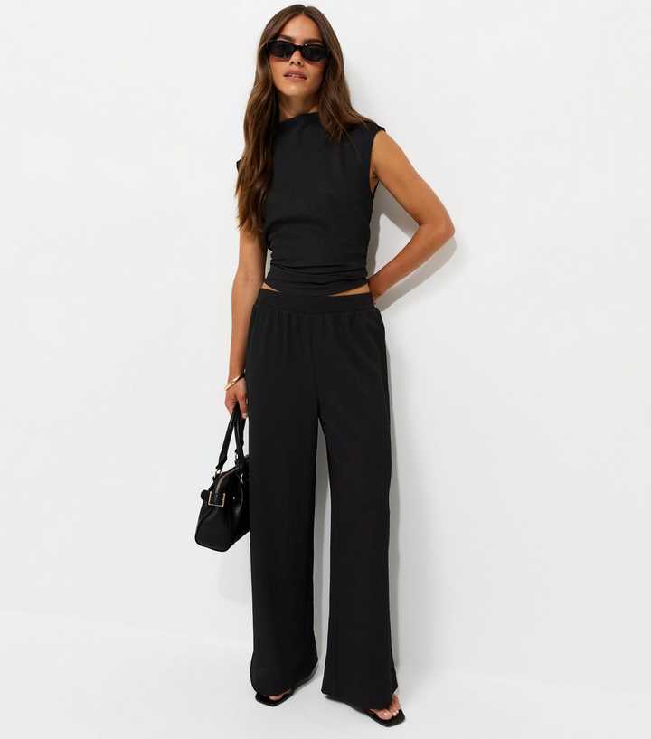 Petite Black Crinkle Jersey Wide Leg Trousers