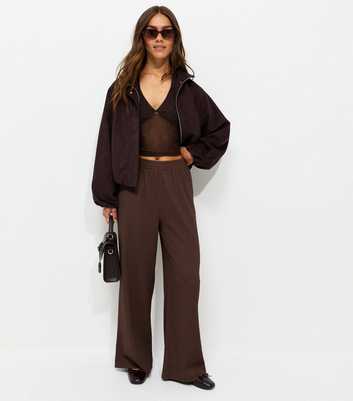 Petite Dark Brown Crinkle Jersey Wide Leg Trousers