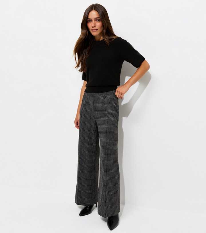 Petite Black Check Jersey Wide Leg Trousers