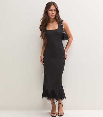 Petite Black Satin Lace Trim High Waisted Midi Skirt