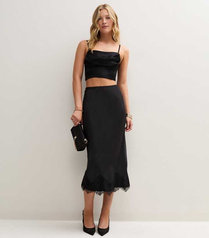 Petite Black Satin Lace Trim High Waisted Midi Skirt