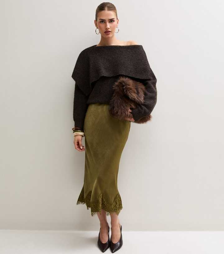 Petite Light Khaki Satin Lace Trim High Waisted Midi Skirt