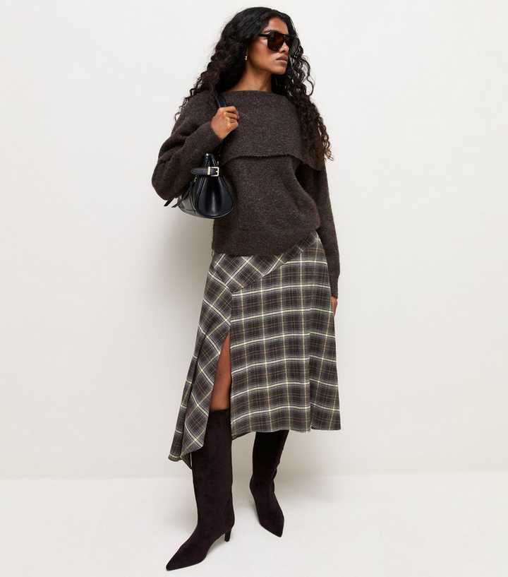 Petite Brown Check Hanky Hem Midi Skirt