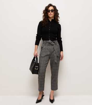 Petite Dark Grey Check Paperbag Trousers