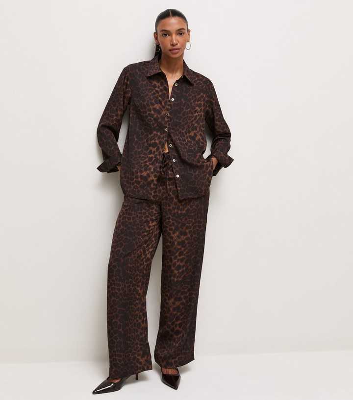 Brown Leopard Print Wide Leg Trousers