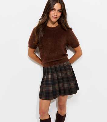 Petite Black Ponte Jersey Checked Pleated Mini Skirt