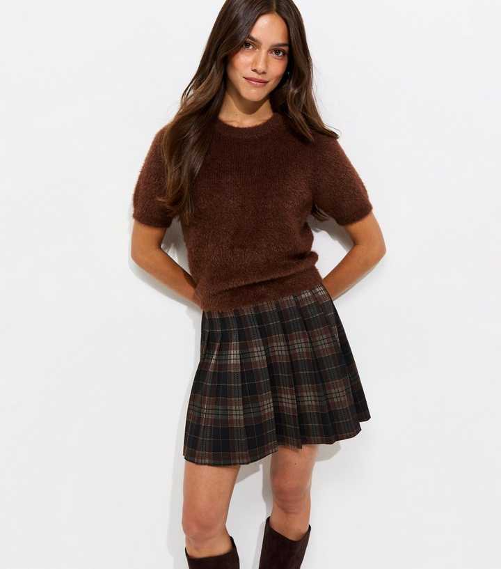 Petite Black Ponte Jersey Checked Pleated Mini Skirt