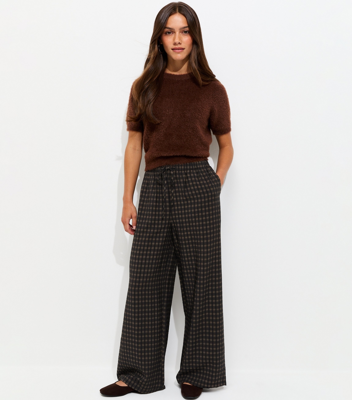 Women's Petite Black Check Pattern Soft Wide Leg Trousers New Look