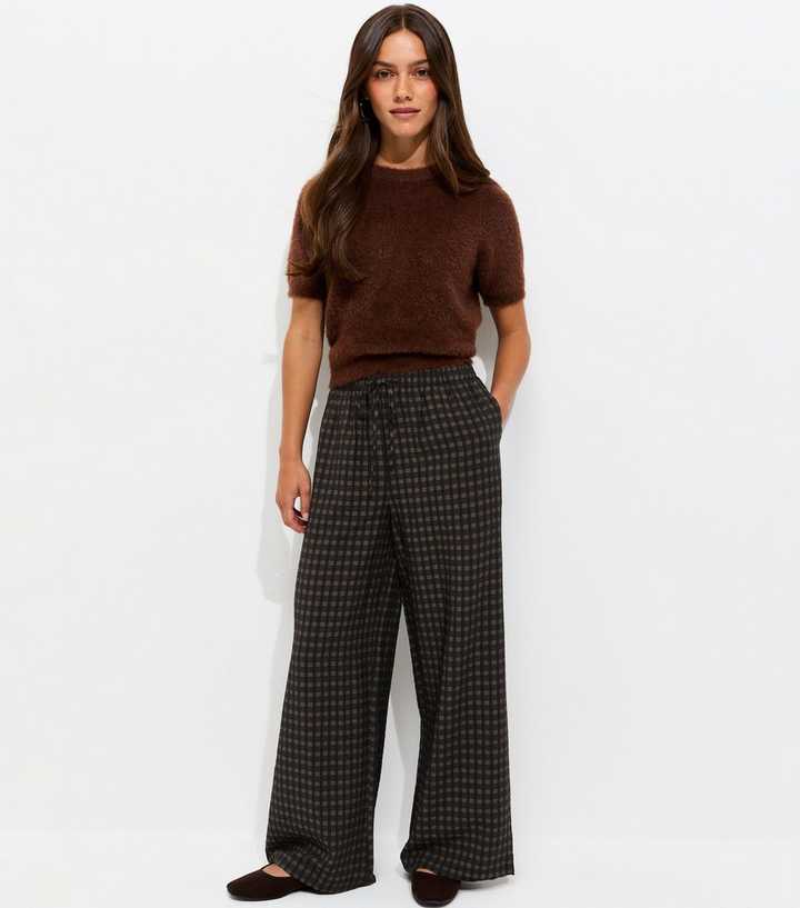 Petite Black Check Pattern Soft Wide Leg Trousers