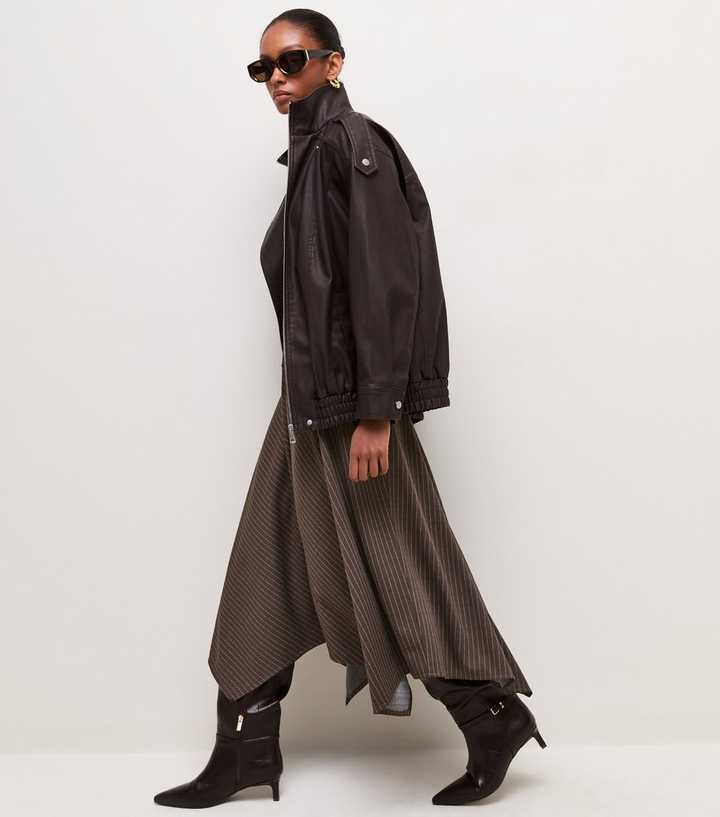 Brown Pinstripe Hanky Hem Midi Skirt