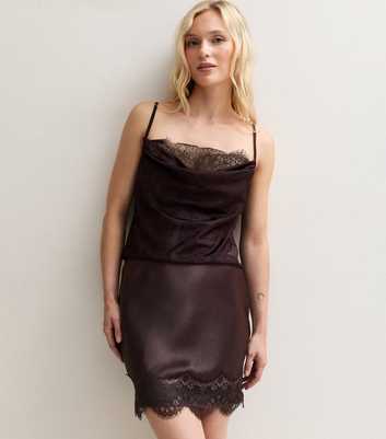 Petite Dark Brown Lace Trim Satin Mini Dress